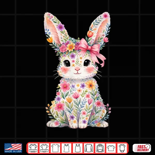 Design Cute Pink Flower Bunny Rabbit Happy Easter Shirt Women Girls Shirt