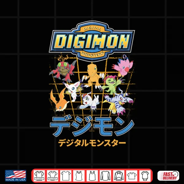Design Digimon Character Grid with Kanji and Logo Digital Monsters Shirt