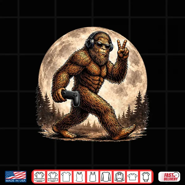 Design Funny Bigfoot Gamer Sasquatch Moon Shirt
