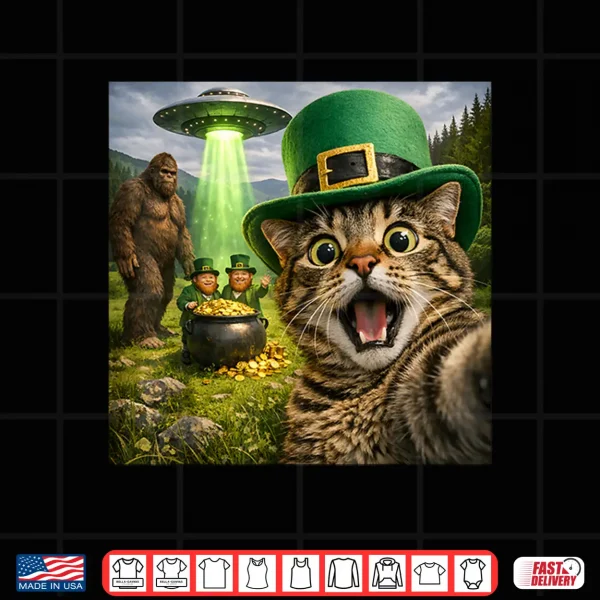 Design Funny St Patricks Day Cat Selfie with Leprechaun Bigfoot UFO Shirt