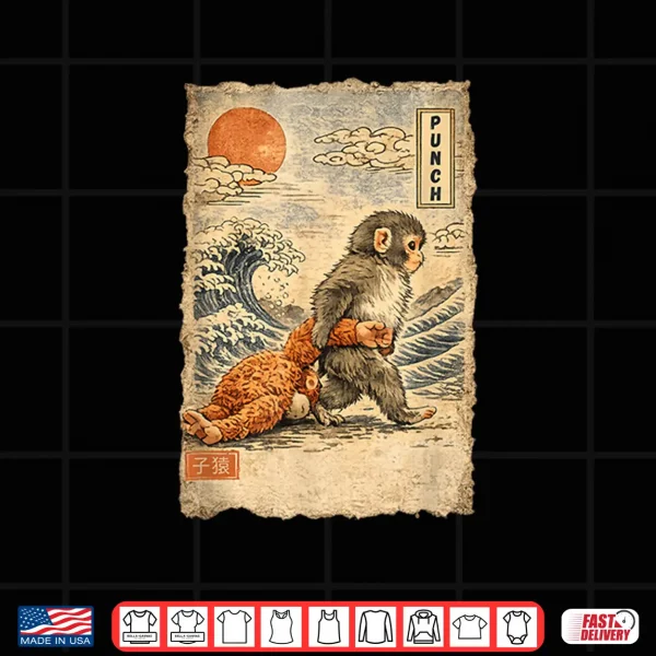 Design Kawaii Baby Monkey Punch Cute Japanese Macaque Ukiyo e Art Shirt