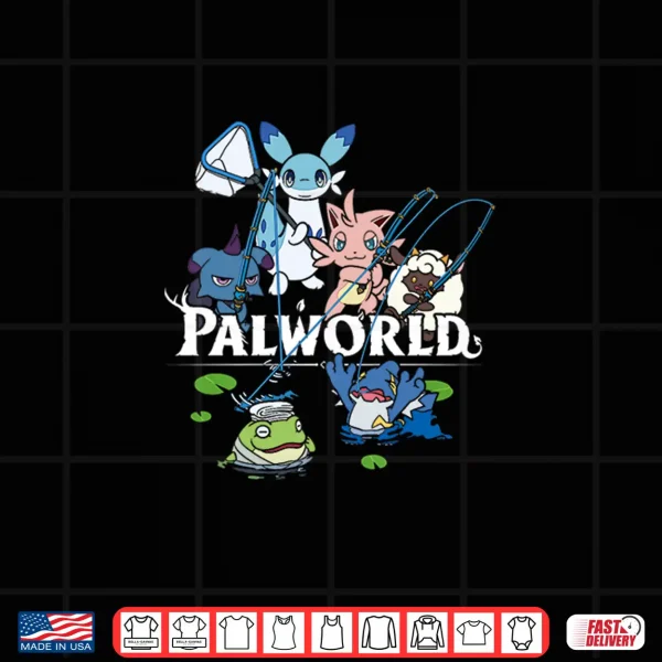Palworld Characters Fishing Scene Cute Video Game Shirt 4 Design Palworld Characters Fishing Scene Cute Video Game Shirt