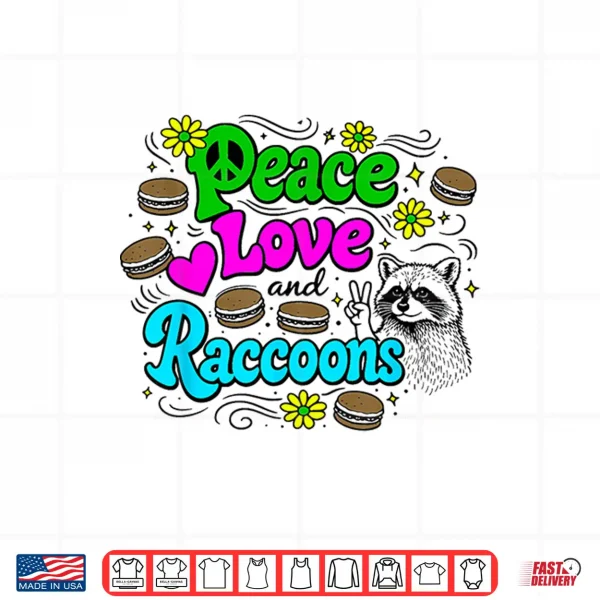 Design Peace Love and Raccoons Flower Power Hippie 1960s Cartoon Shirt