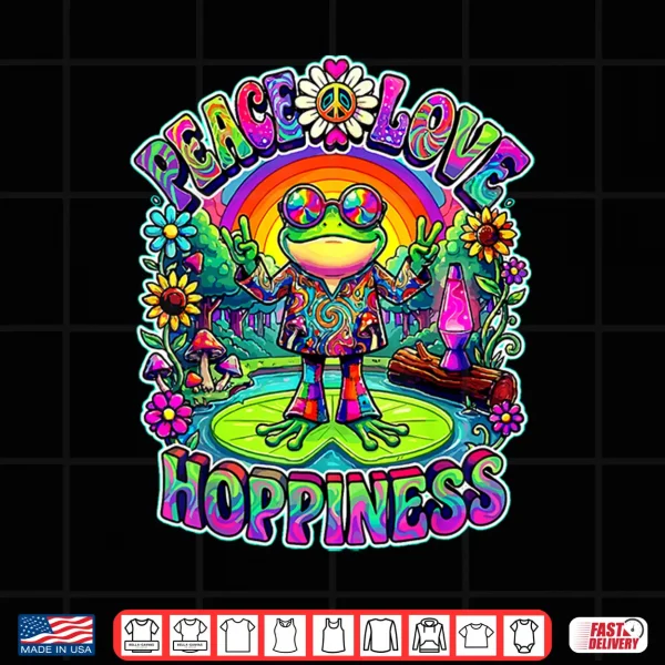 Design Psychedelic 70s Frog with Rainbow Peace Love Hoppiness Vibes Shirt