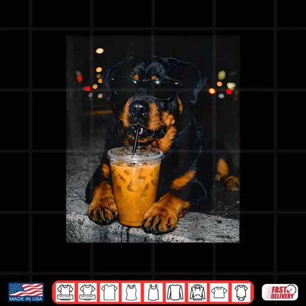 Design Rottweiler Drinking Iced Coffee Lover Humor Funny Meme Shirt