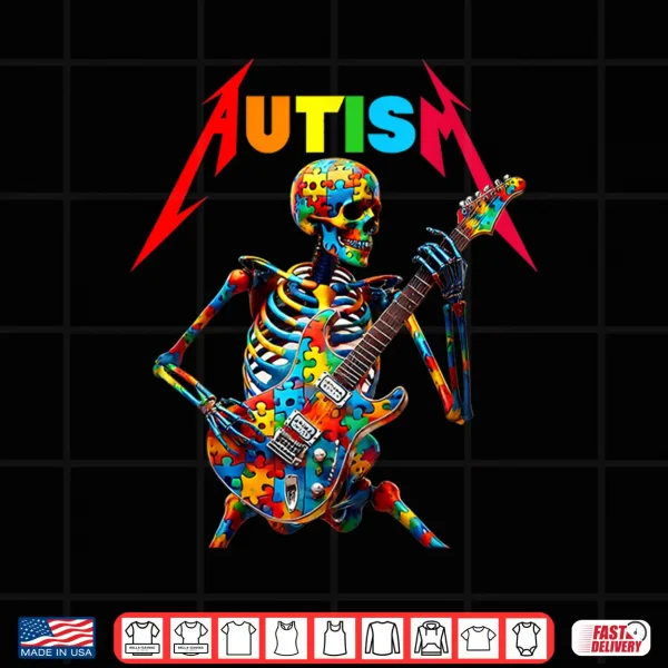 Design Skeleton Guitar Player Rock Music Autism Awareness Graphic Shirt
