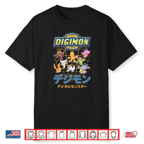 Digimon Character Grid With Kanji And Logo Digital Monsters Shirt