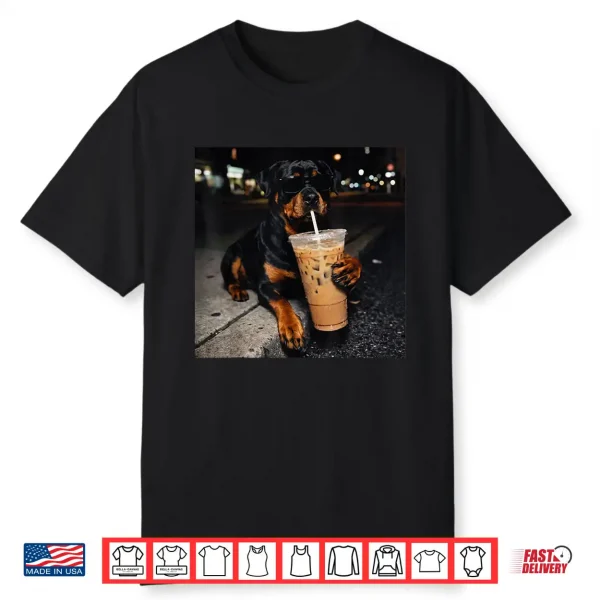 Dog Rottweiler Drinking Iced Coffee Funny Animal Meme Shirt