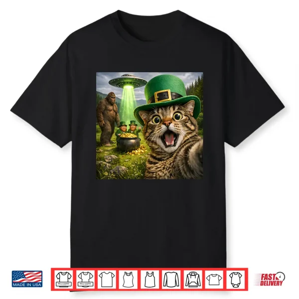 Funny St Patricks Day Cat Selfie With Leprechaun Bigfoot Ufo Shirt