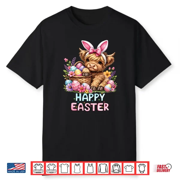 Happy Easter Day Highland Cow Cute Holiday Bunny Women Kids Shirt