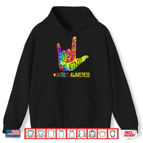 Hoodie Sign Language Hand Autism Awareness ASL Tie Dye Graphic Shirt