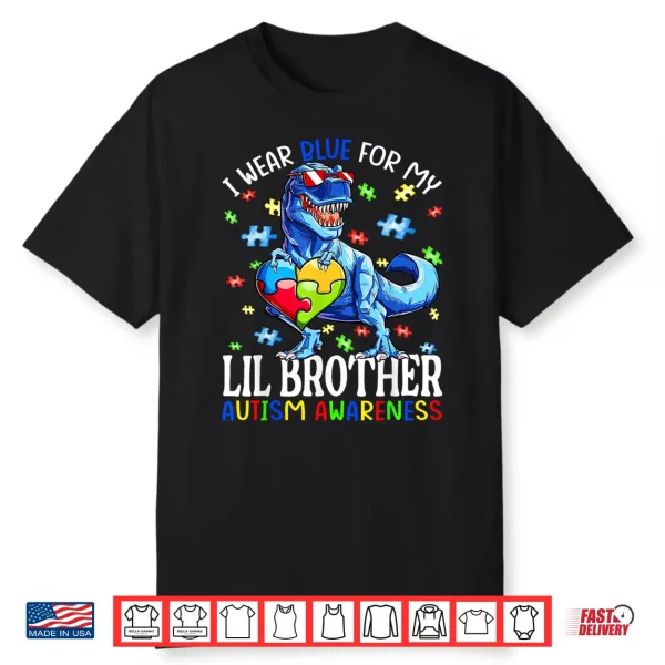 I Wear Blue For My Lil Brother Autism Awareness Dinosaur Shirt