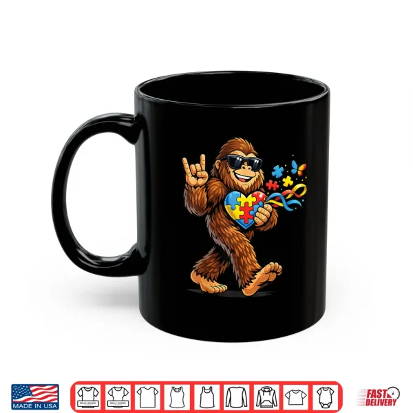 Mug Bigfoot Rock Hand Autism Awareness Puzzle Heart Ribbon Shirt