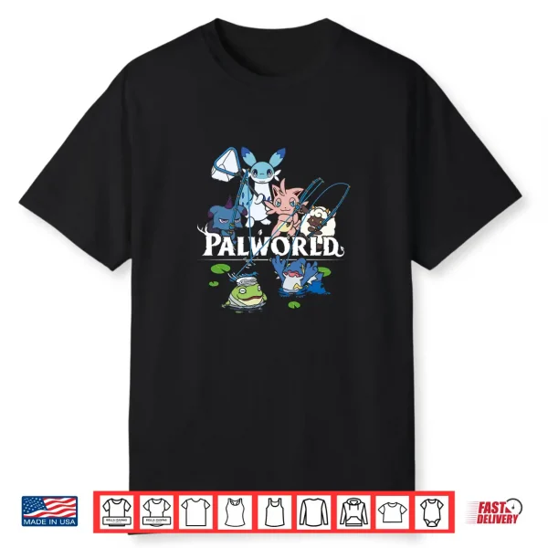 Palworld Characters Fishing Scene Cute Video Game Shirt