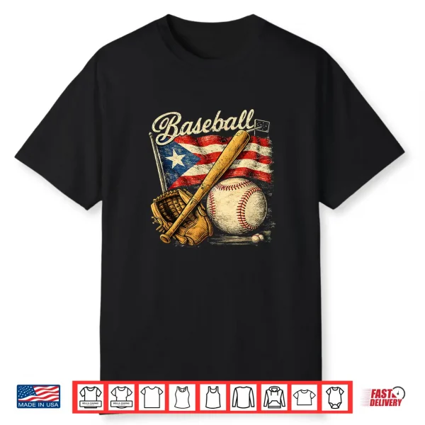 Puerto Rico Flag Baseball Player Bat Fan Catcher Pitcher Shirt