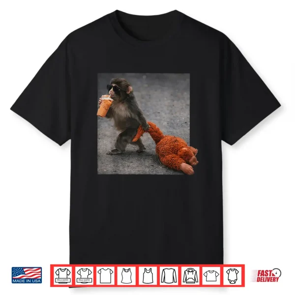Retro Baby Monkey Punch Drinking Iced Coffee Shirt