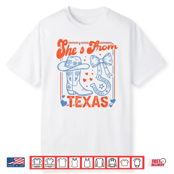 She’S From Texas Cowgirl Boots Flowers Bow Retro Western Shirt