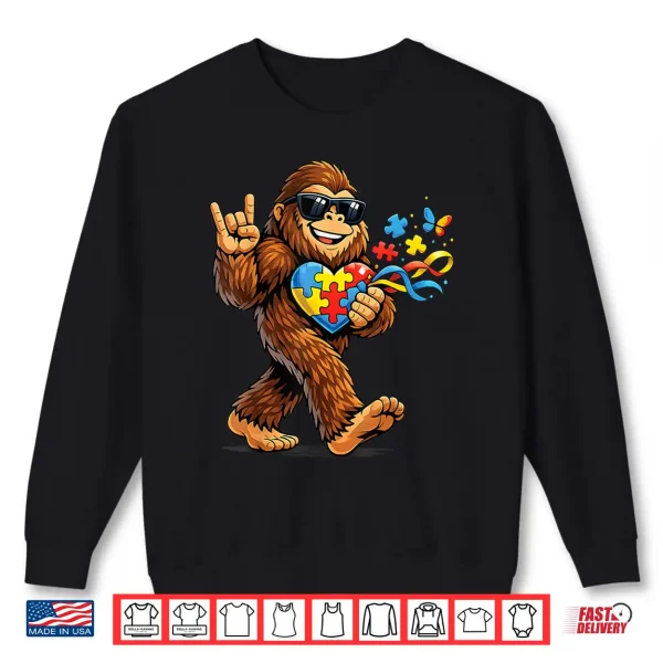 Sweatshirt Bigfoot Rock Hand Autism Awareness Puzzle Heart Ribbon Shirt