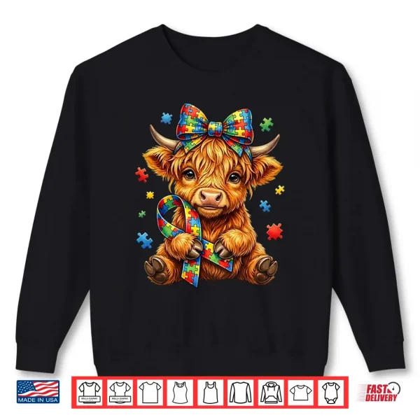 Cute Highland Cow Autism Awareness Puzzle Ribbon Graphic Shirt 2 Sweatshirt Cute Highland Cow Autism Awareness Puzzle Ribbon Graphic Shirt