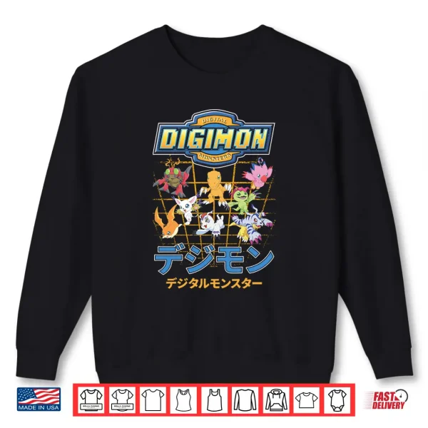 Sweatshirt Digimon Character Grid with Kanji and Logo Digital Monsters Shirt