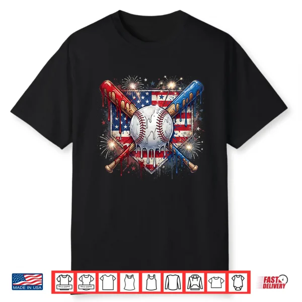 4Th Of July Baseball Drip Ice Cream Patriotic American Flag Shirt