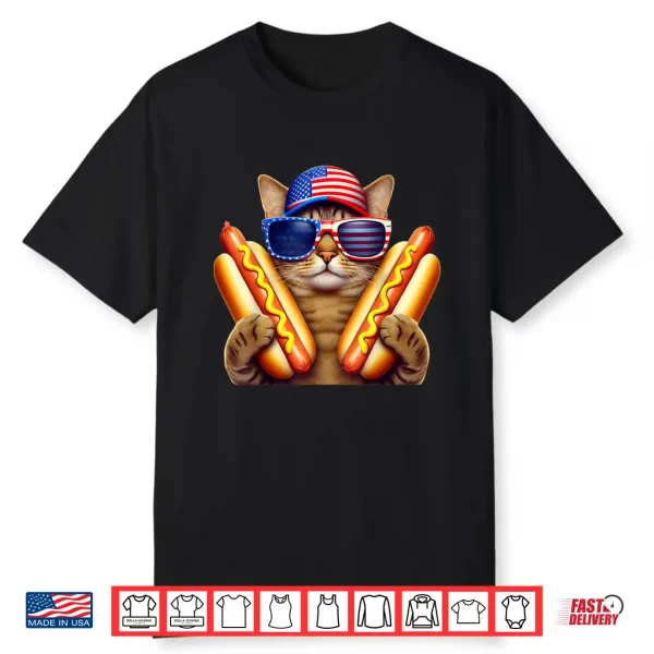 4Th Of July Hotdog Cat Funny Patriotic Cat Usa Flag Wiener Shirt