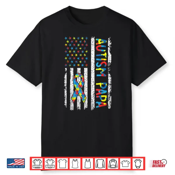 Autism Awareness Papa Usa American Flag Puzzle Father’S Day Shirt