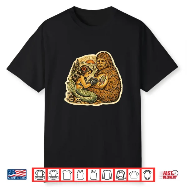 Bigfoot Mermaid Tattoo Funny Cryptid Art Graphic Shirt