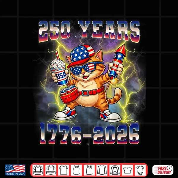 Design 250 Years American 1776 2026 250th USA Cat 4th of July Shirt