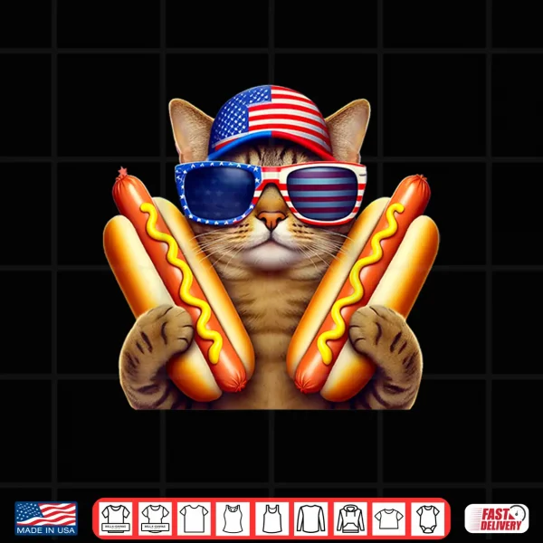 Design 4th of July Hotdog Cat Funny Patriotic Cat USA Flag Wiener Shirt