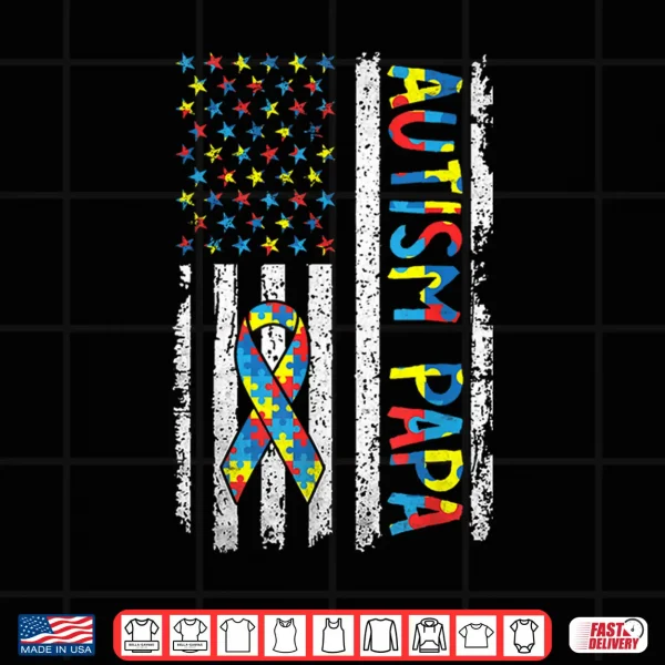 Design Autism Awareness Papa USA American Flag Puzzle Fathers Day Shirt