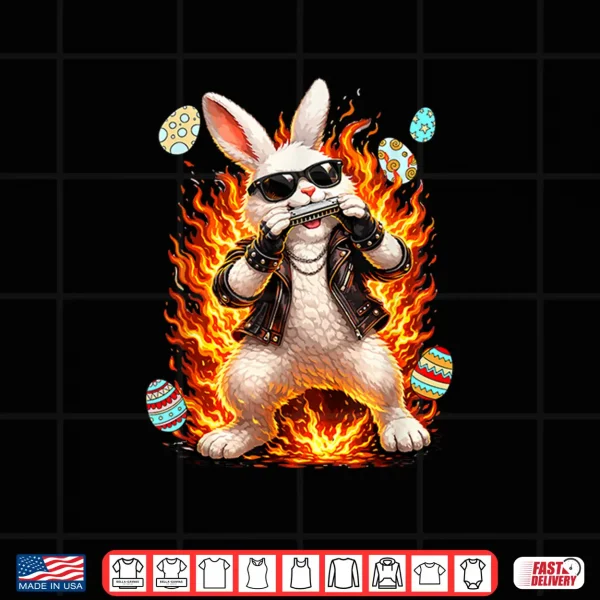 Design Easter Bunny Playing Harmonica Instrument Chocolate Eggs Shirt