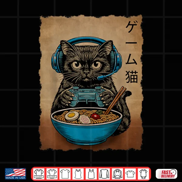 Design Gamer Cat Funny Graphic Japanese Ramen Kawaii Cat Gaming Shirt