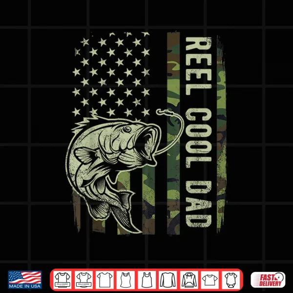 Design Mens Reel Cool Dad Camouflage American Flag Fathers Day Gift Shirt