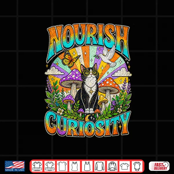 Design Nourish Curiosity Psychedelic Tuxedo Cat Trippy Mushroom Shirt