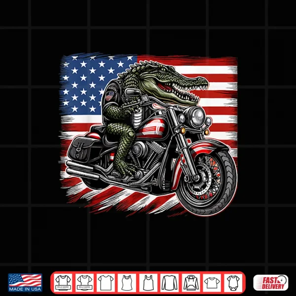 Design Patriotic American Alligator Riding Motorcycle 4th of July Shirt
