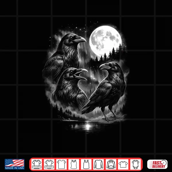 Design Three Black Bird Crow Howling Moon Vintage Graphic Shirt
