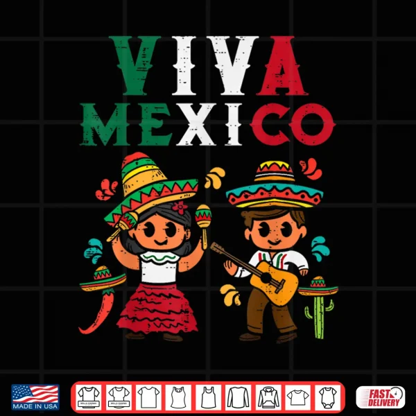 Design Viva Mexico Boy Girl Maracas Guitar Mexican Independence Kid Shirt