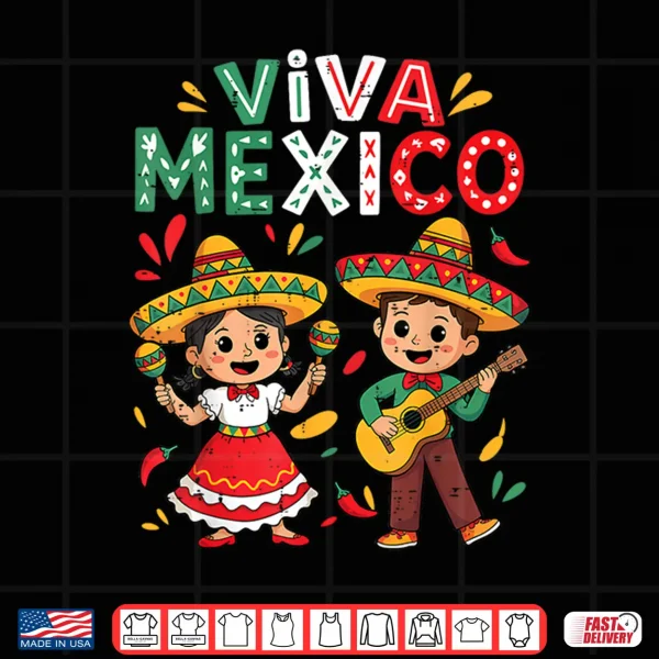 Design Viva Mexico Guitar Boy Girl Mexican Independence Day Kid Shirt