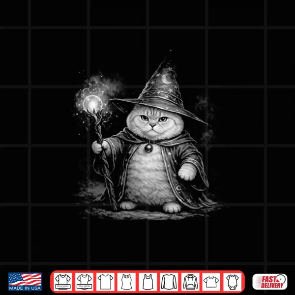 Design Wizard Cat Magic Fantasy Funny Vintage Tabby Meme Shirt