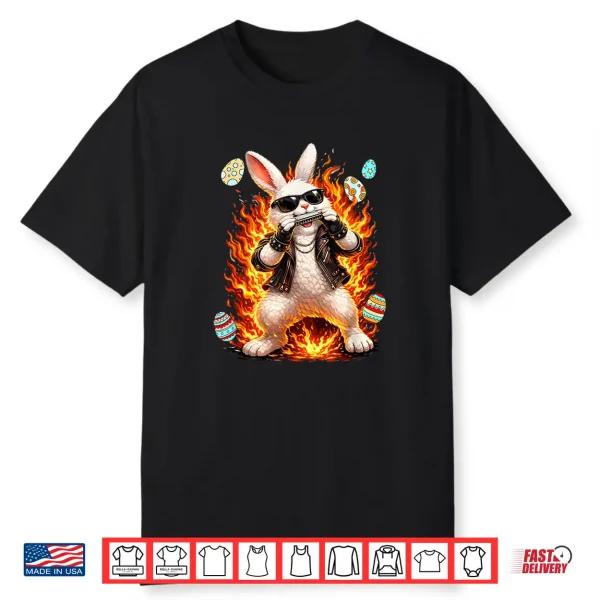 Easter Bunny Playing Harmonica Instrument Chocolate Eggs Shirt