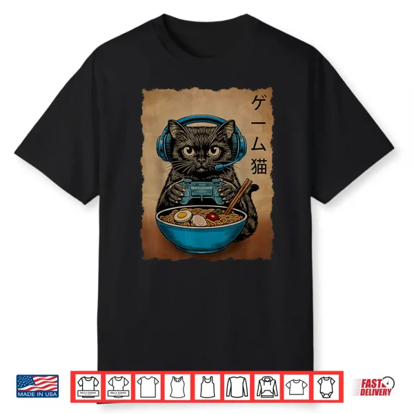 Gamer Cat Funny Graphic Japanese Ramen Kawaii Cat Gaming Shirt