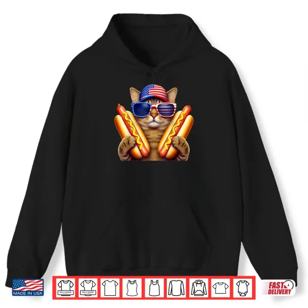 Hoodie 4th of July Hotdog Cat Funny Patriotic Cat USA Flag Wiener Shirt