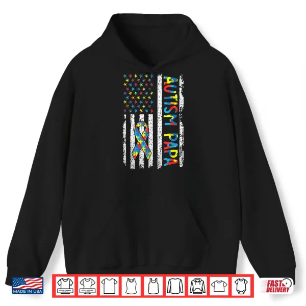 Hoodie Autism Awareness Papa USA American Flag Puzzle Fathers Day Shirt