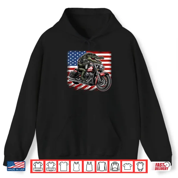 Hoodie Patriotic American Alligator Riding Motorcycle 4th of July Shirt