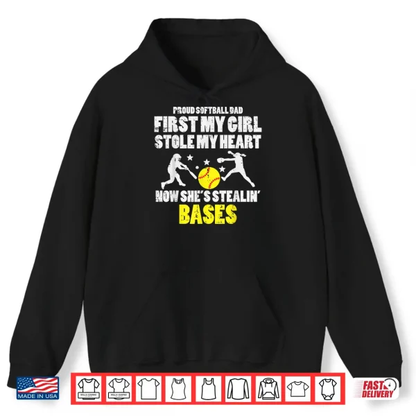 Hoodie Softball Dad Girl Stole My Heart Stealing Bases Fathers Day Shirt