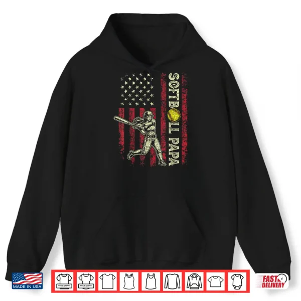 Hoodie Softball Papa American US Flag Patriotic Papa Fathers Day Shirt