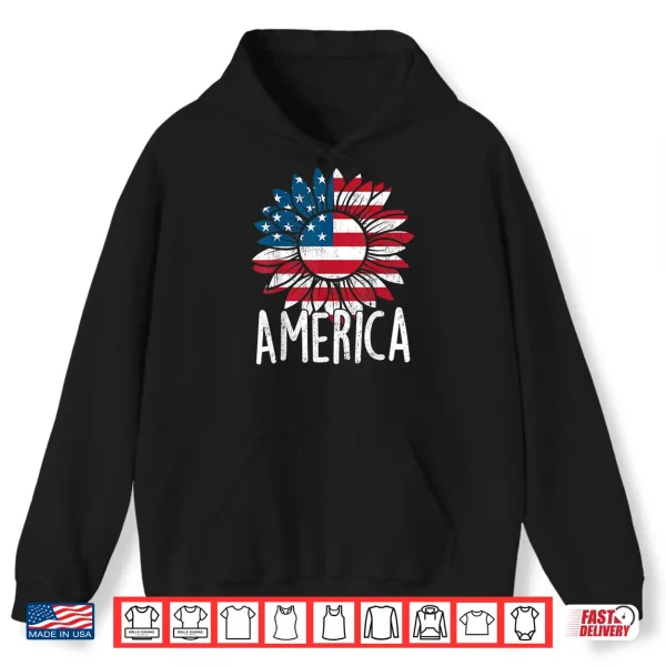 Hoodie Sunflower Independence Day USA American Flag 4th of July Shirt