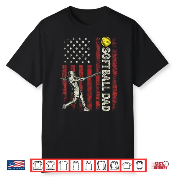 Mens Softball Dad Us Flag Gifts For Dad Men Patriotic Fathers Day Shirt