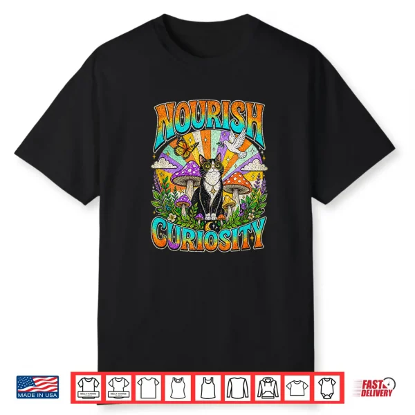 Nourish Curiosity Psychedelic Tuxedo Cat Trippy Mushroom Shirt
